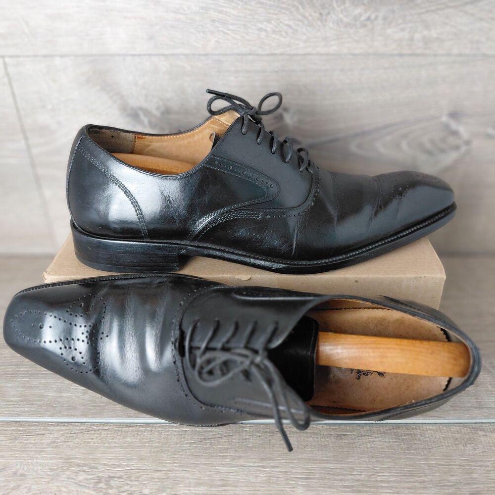 HERMES Paris Mens Black Leather Brogue Oxford Square Toe Dress Shoes Size 9